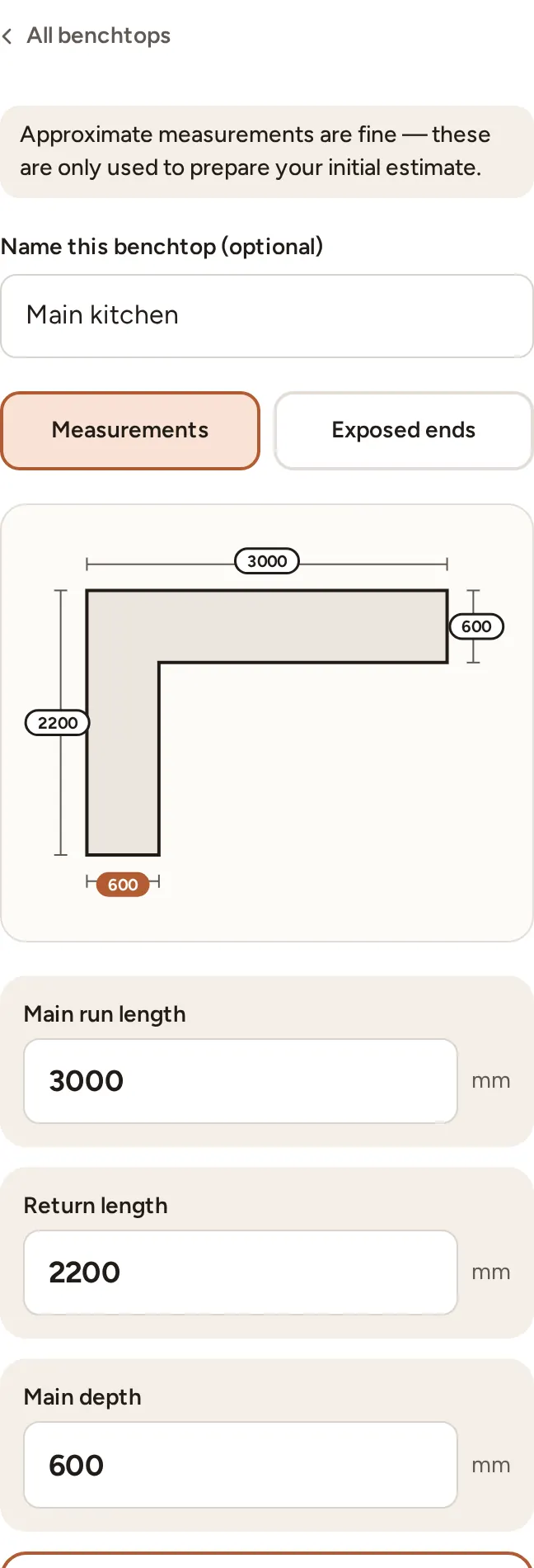 Benchtop Planner measurements screen with an L-shaped drawing and example main run 3000 mm, return 2200 mm and depths of 600 mm