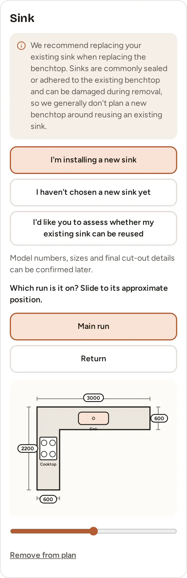 Benchtop Planner sink step showing sink choices, run selection and the sink placed on the example L-shaped plan