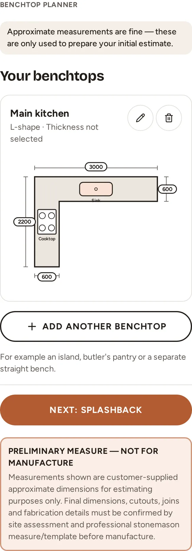 Benchtop Planner summary showing the example L-shaped kitchen with sink and cooktop marked and the Preliminary Measure — Not for Manufacture notice